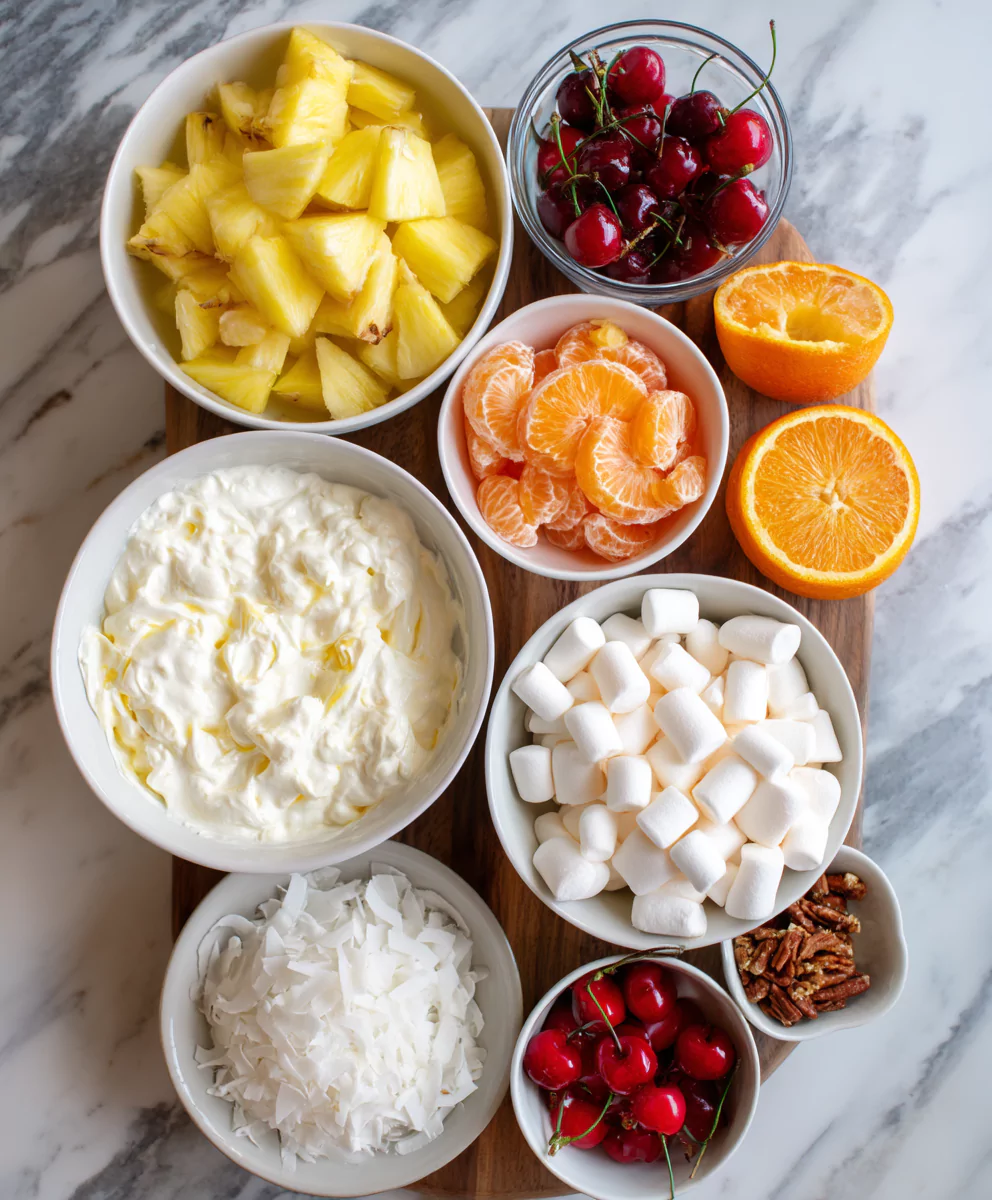 Ingredients for ambrosia salad on kitchen counter