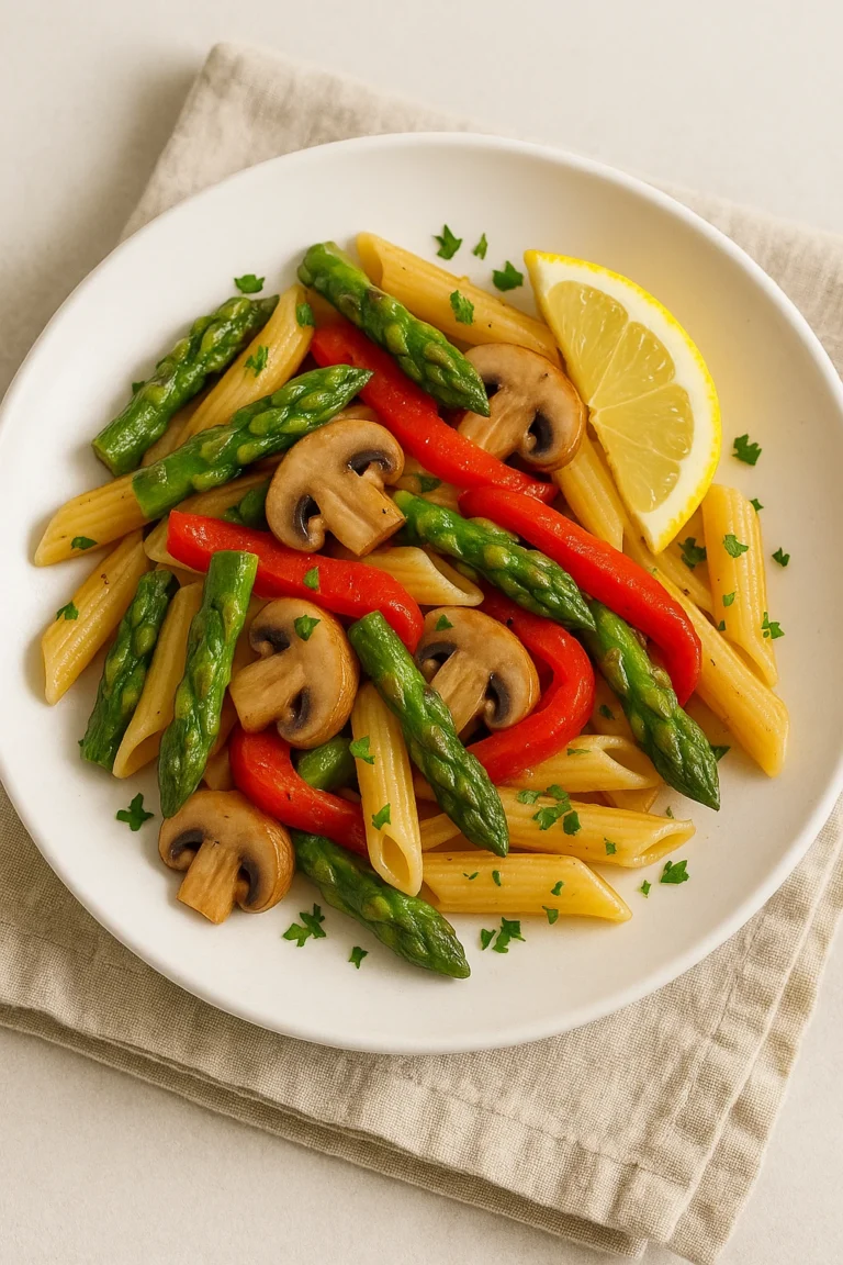 plated asparagus mushroom red pepper pasta