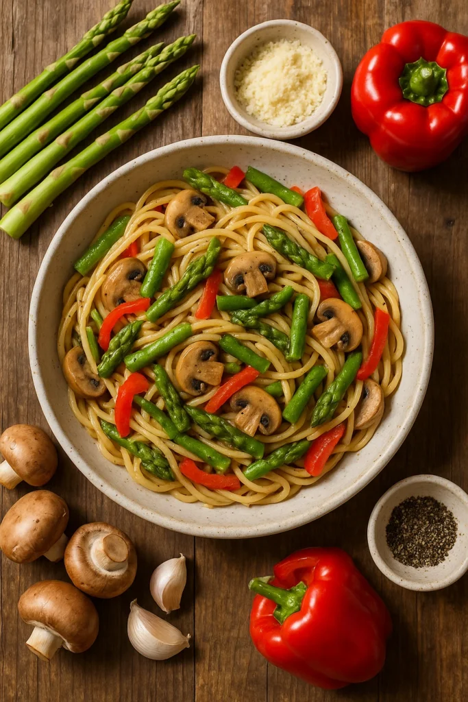 asparagus mushroom red pepper pasta in rustic bowl