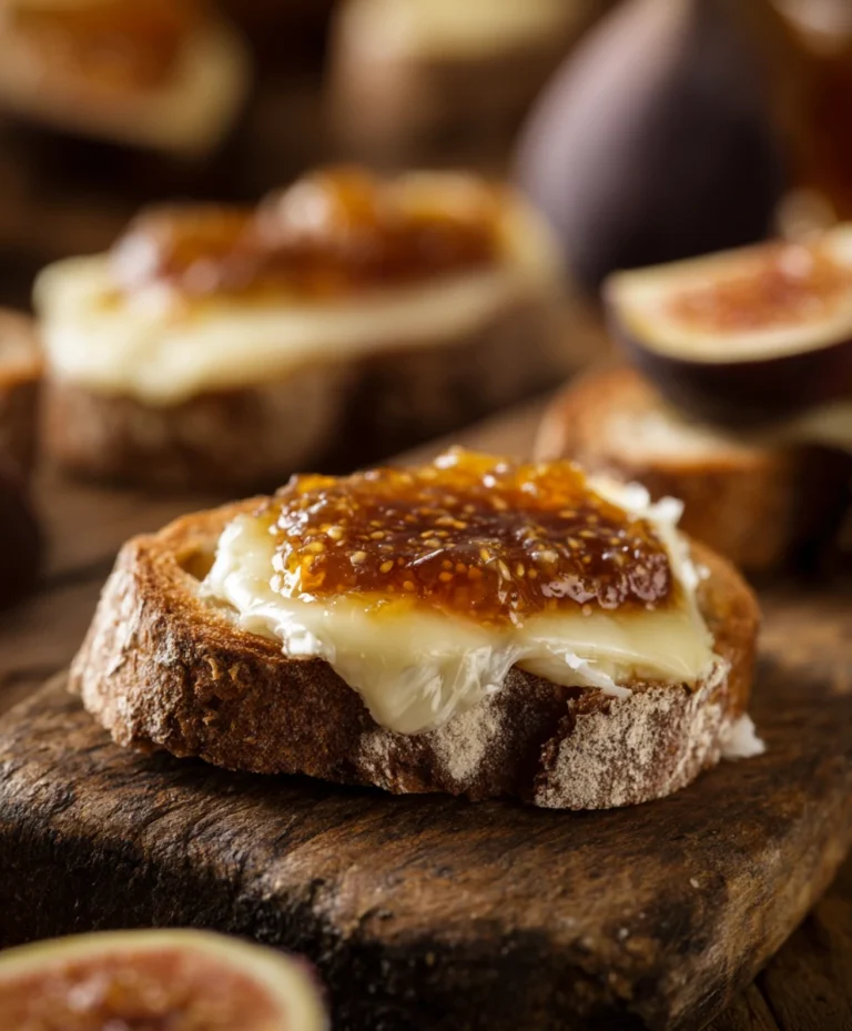 Close-up of brie and fig jam crostini
