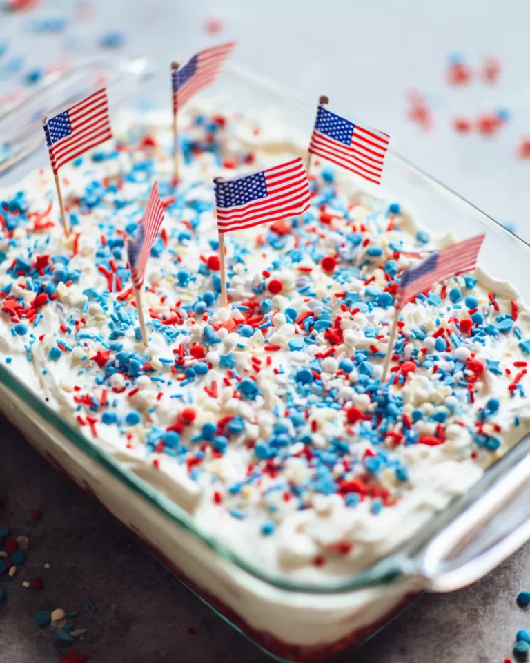 Completed 4th of July poke cake in tray