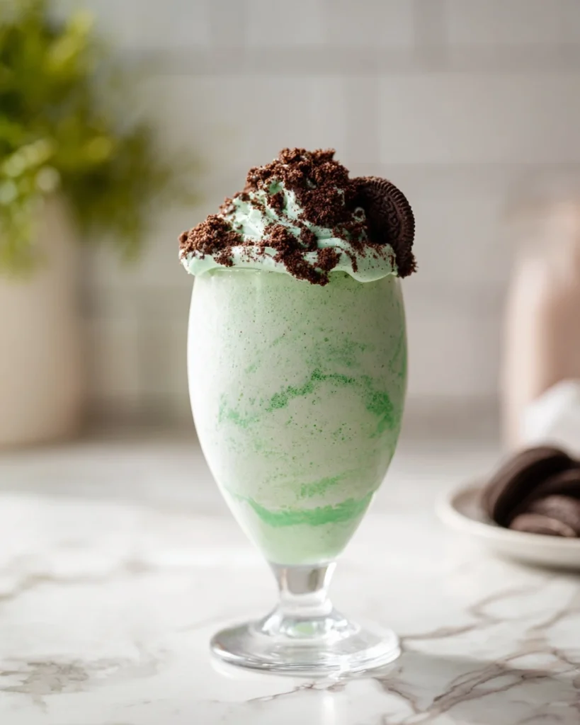 Copycat Wendy’s Thin Mints Frosty in chilled glass