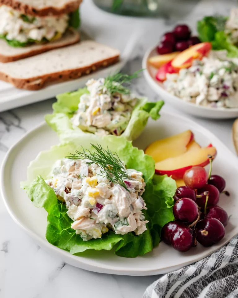 Cottage cheese chicken salad served in lettuce wraps and sandwich