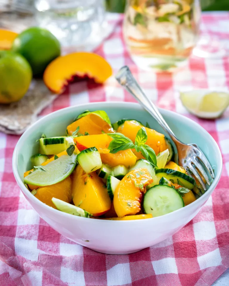 Cucumber peach salad served at summer picnic