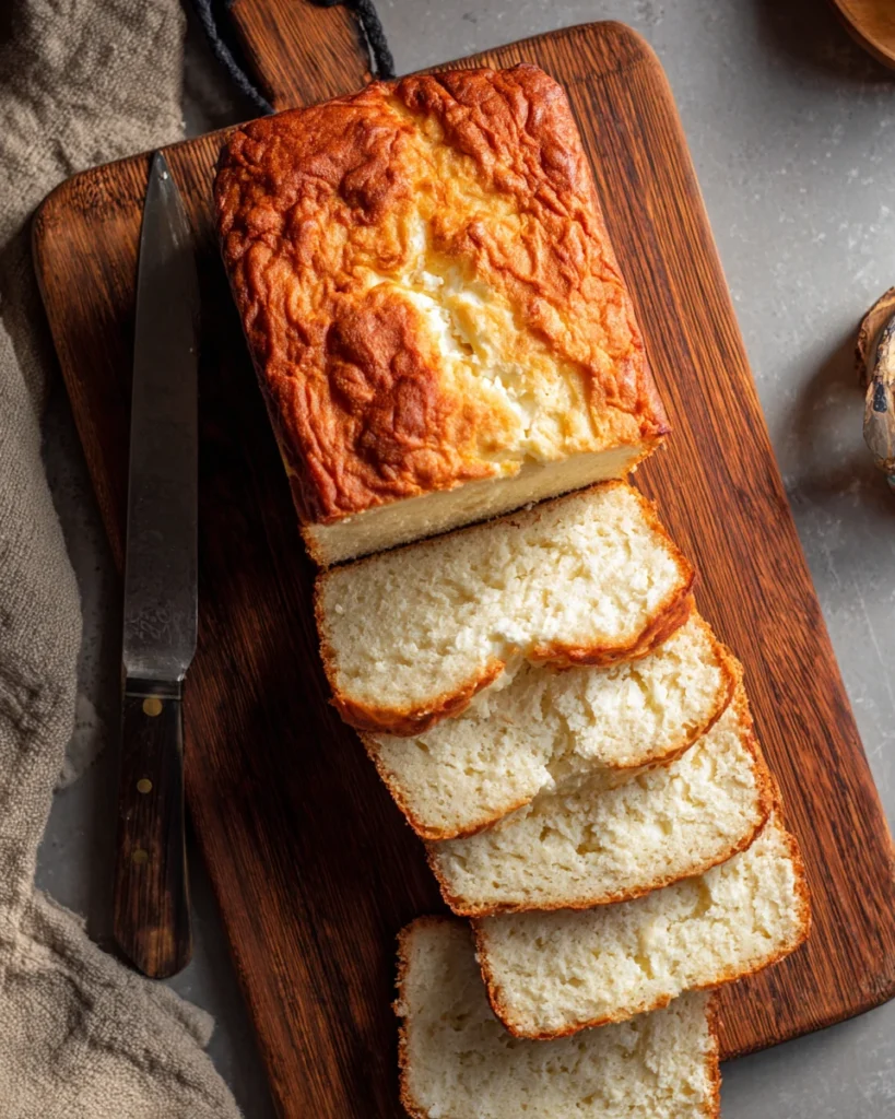 Homemade flourless cottage cheese bread loaf sliced on board