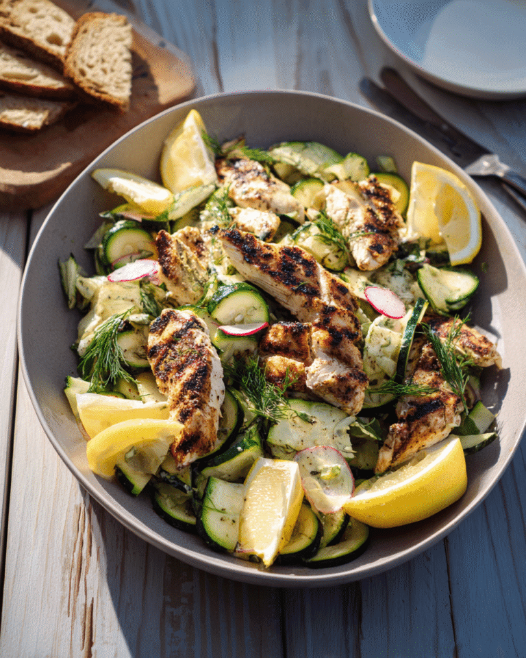 Plated grilled chicken and zucchini salad