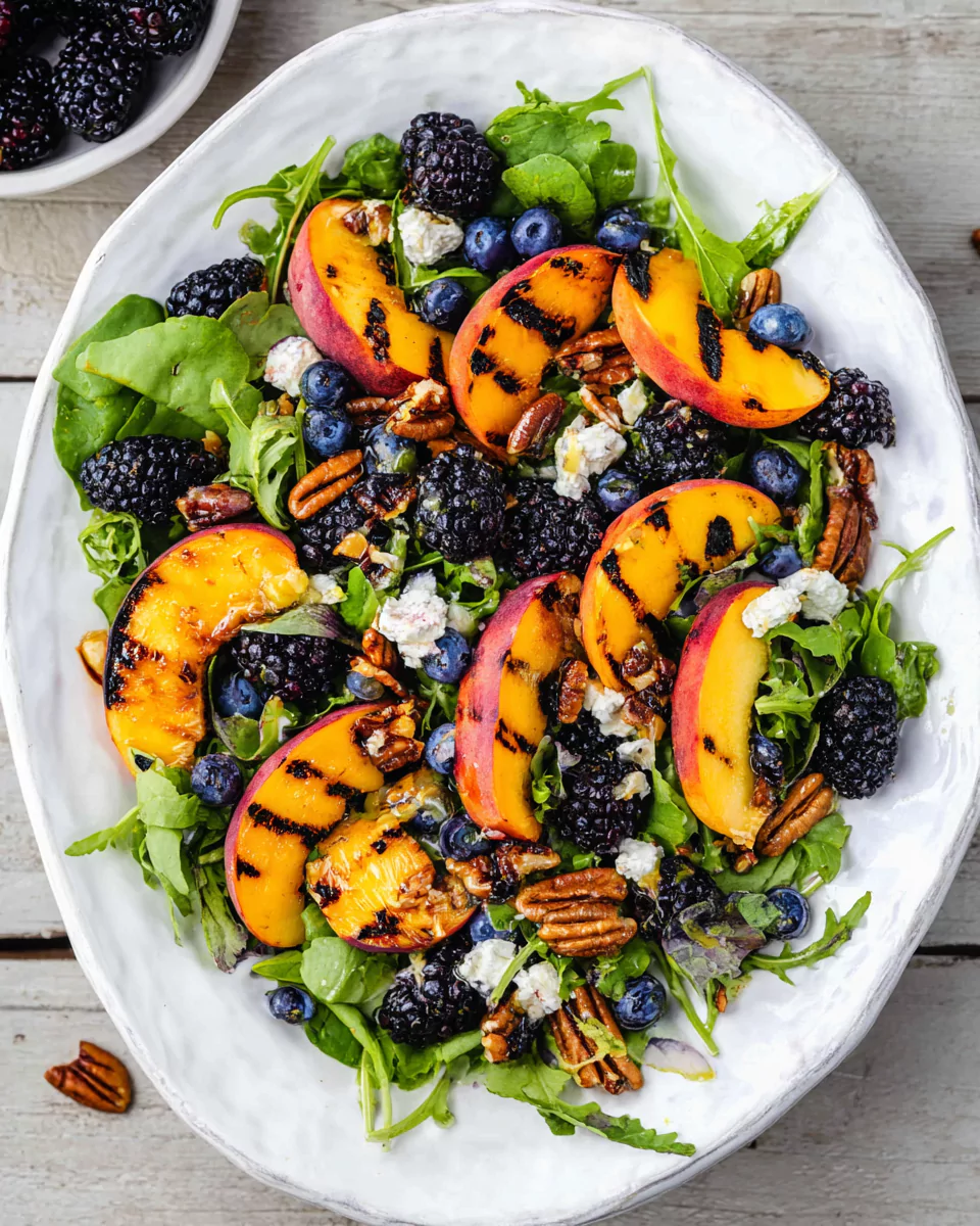 Grilled Peach Salad with Feta and Balsamic Honey Dressing
