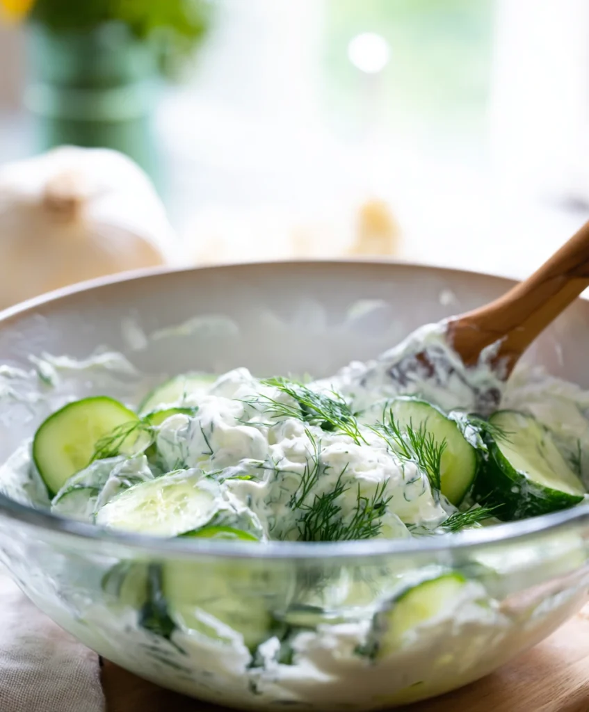 Mixing cucumber and yogurt to make tzatziki