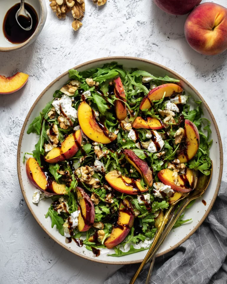 Final presentation of peach arugula salad