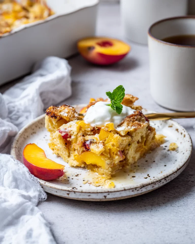 Served slice of peach breakfast bake with yogurt