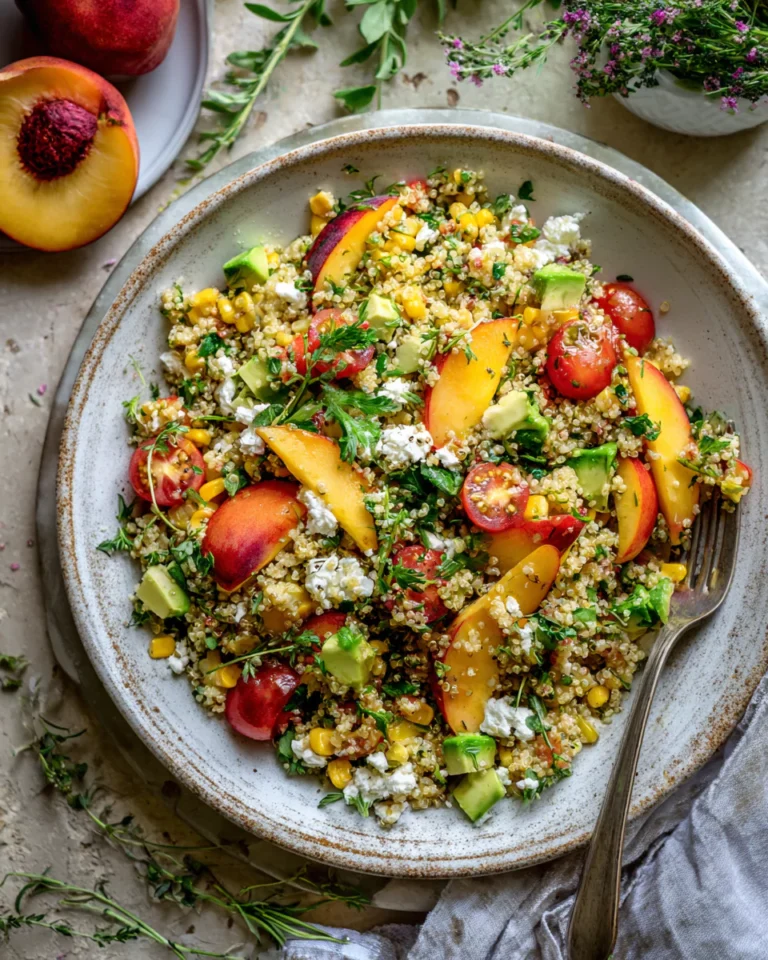 Top view of peach quinoa salad with grilled corn, avocado, and feta