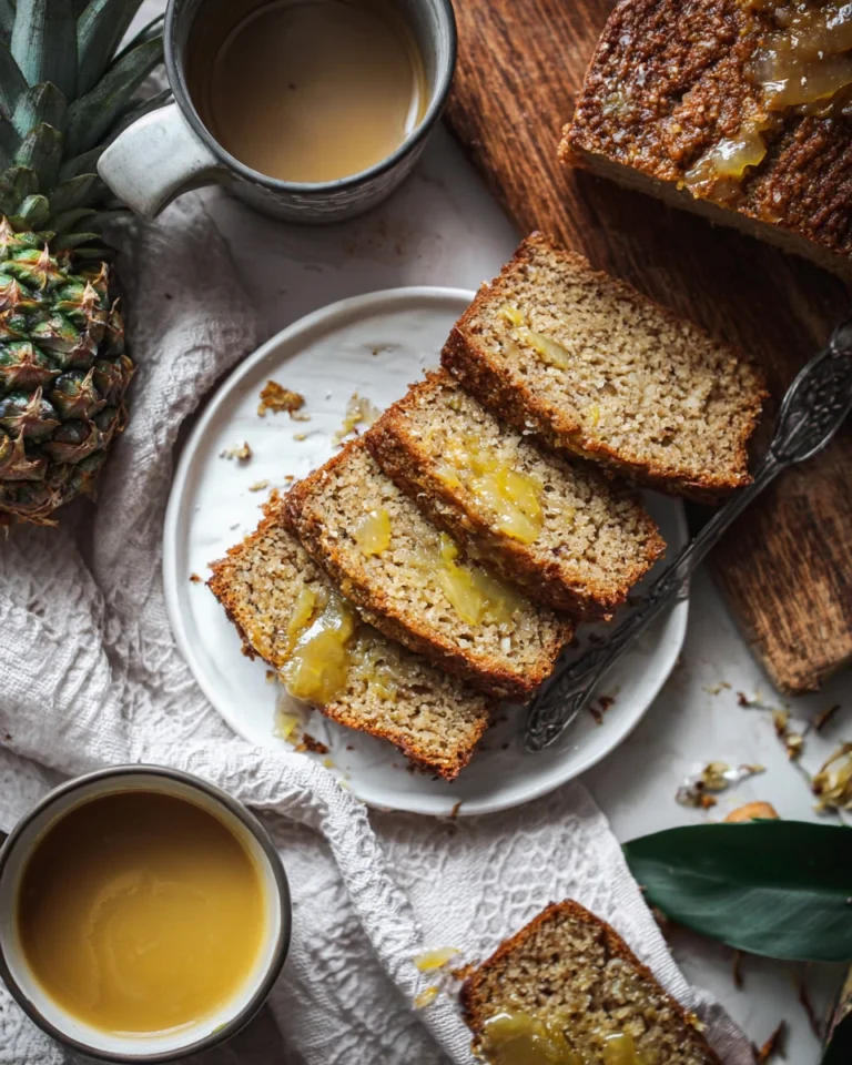 Slices of pineapple bread with glaze on a serving plate