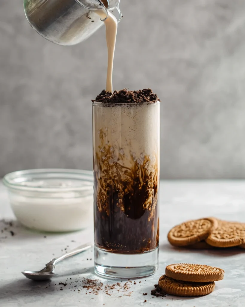 Pouring copycat Thin Mints Frosty into glass