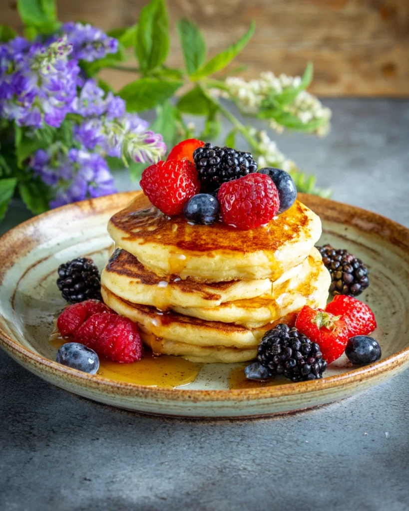 Protein cottage cheese pancakes with berries and syrup