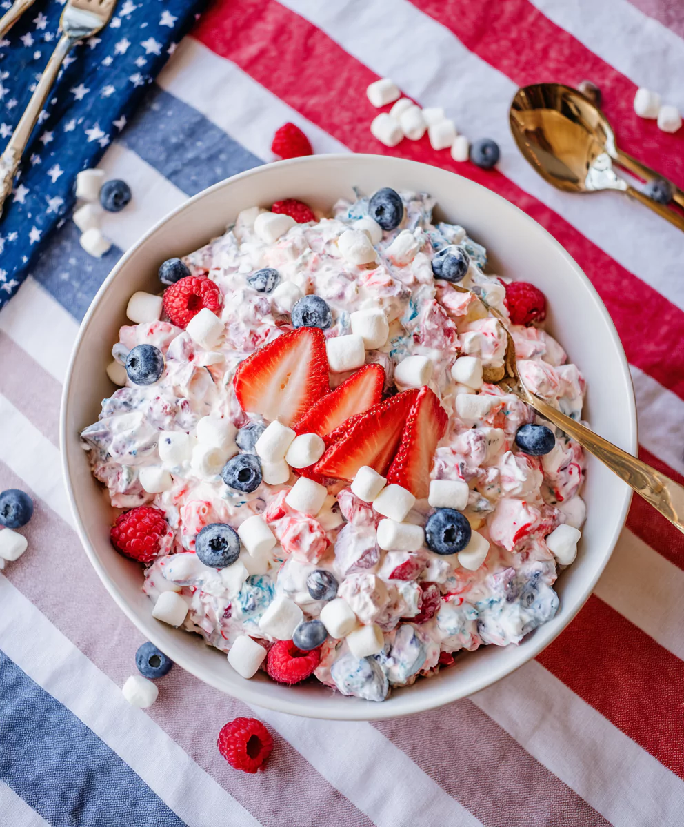 Red White and Blue Cheesecake Salad: Perfect No-Bake Dessert