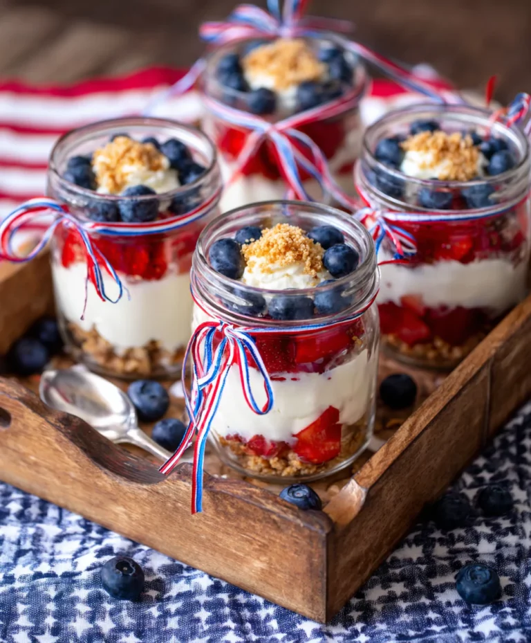 Red White and Blue Cheesecake Salad served in jars