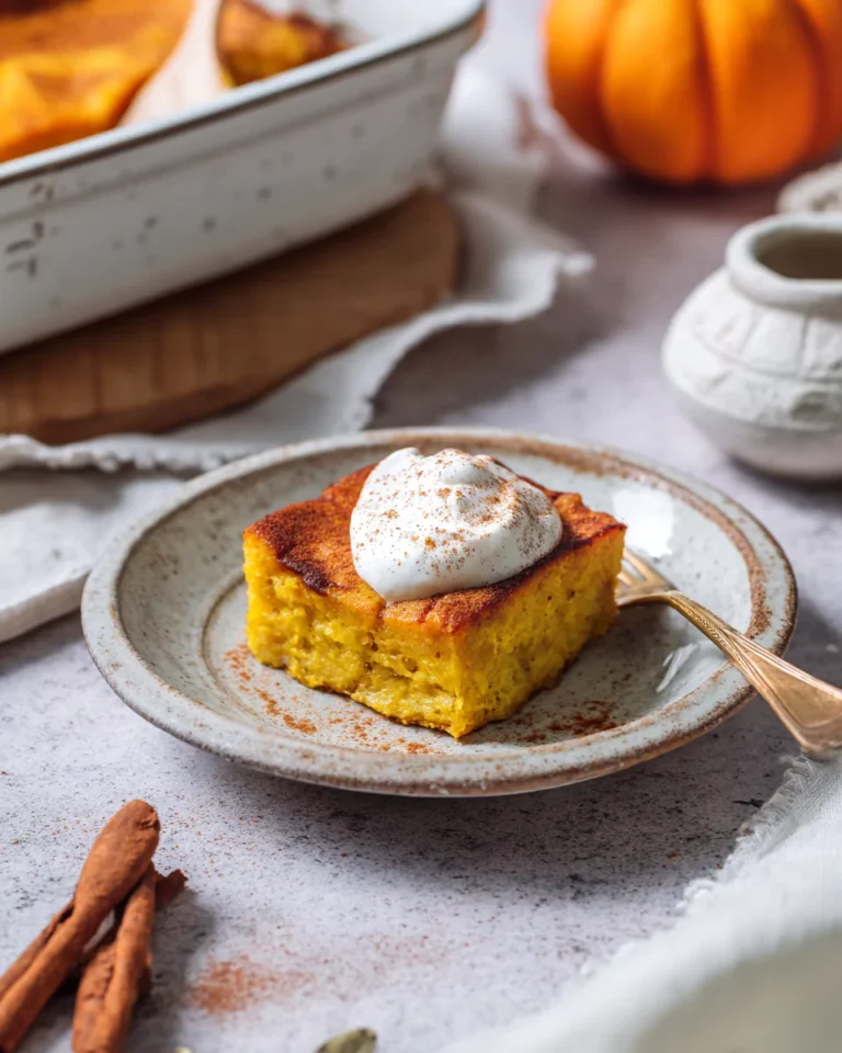 Slice of pumpkin cottage cheese bake with yogurt