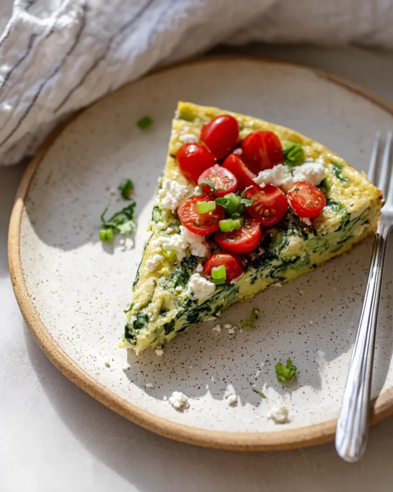 Slice of spinach and feta frittata served with tomatoes
