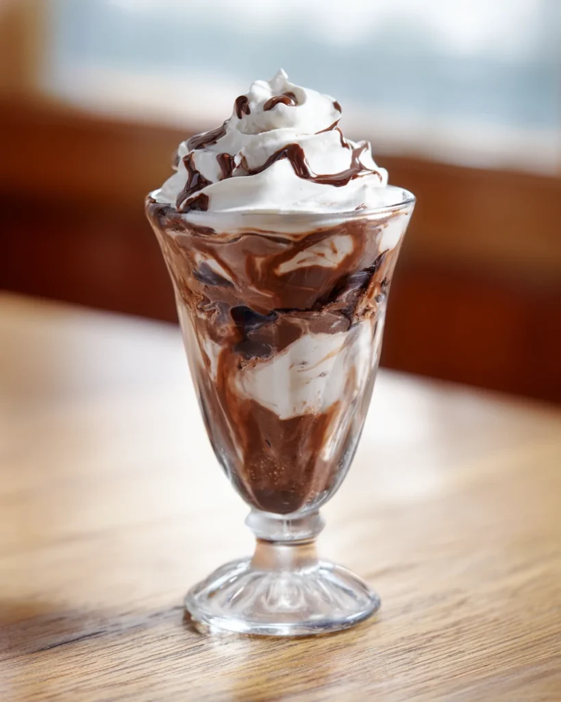 wendy's brownie batter frosty in glass with swirl