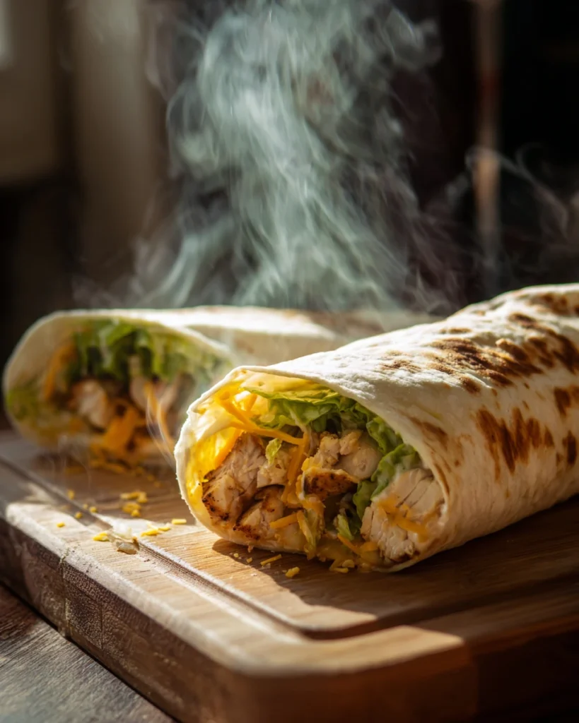 Wendy’s grilled chicken wrap copycat on wooden board