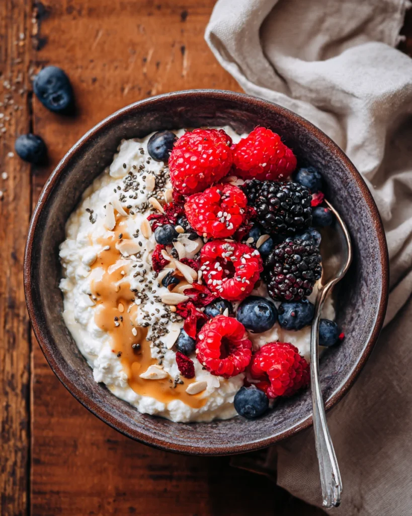 High-protein cottage cheese bowl with fruit and seeds