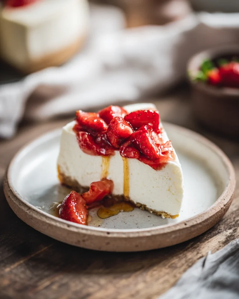 Cottage cheese cheesecake recipe with strawberries on ceramic plate