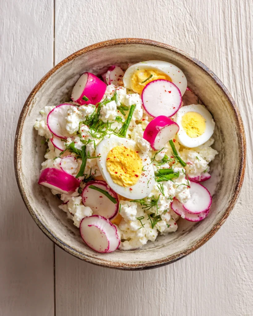 Cottage cheese salad with egg and radish