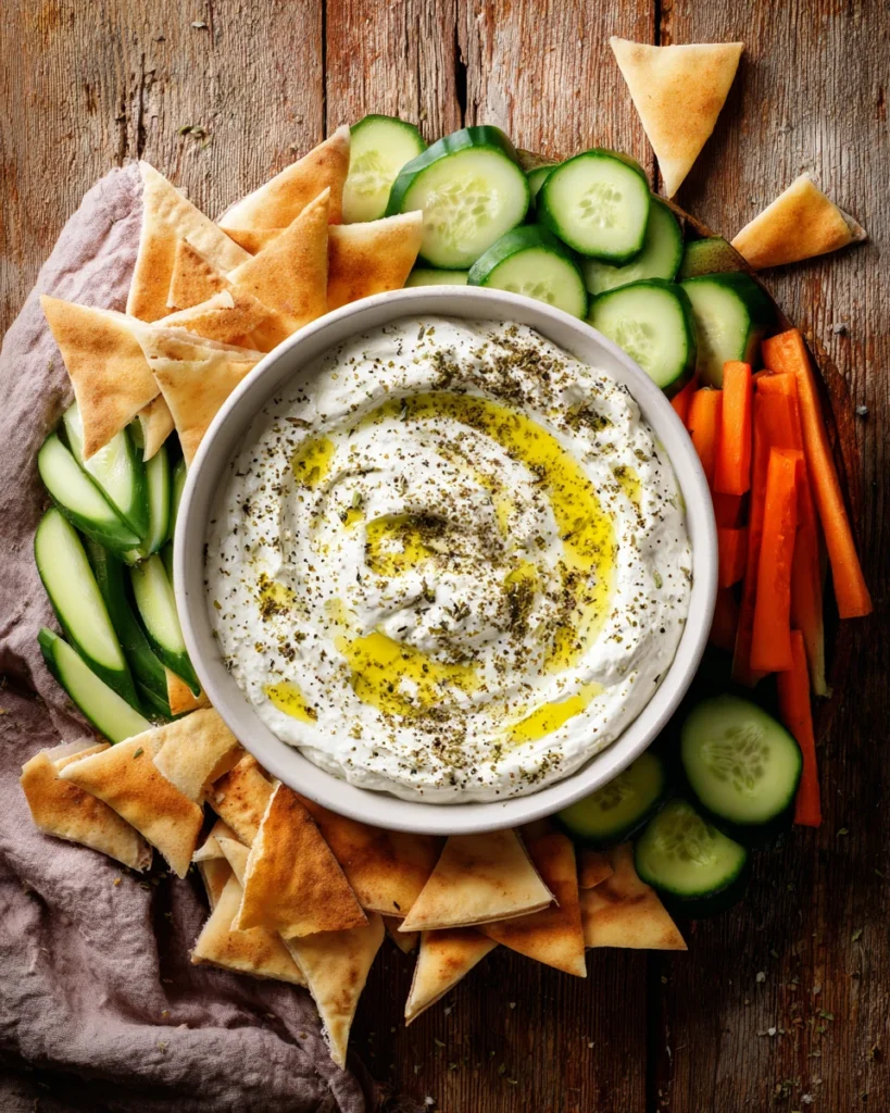 High protein cottage cheese dip with za’atar and fresh vegetables