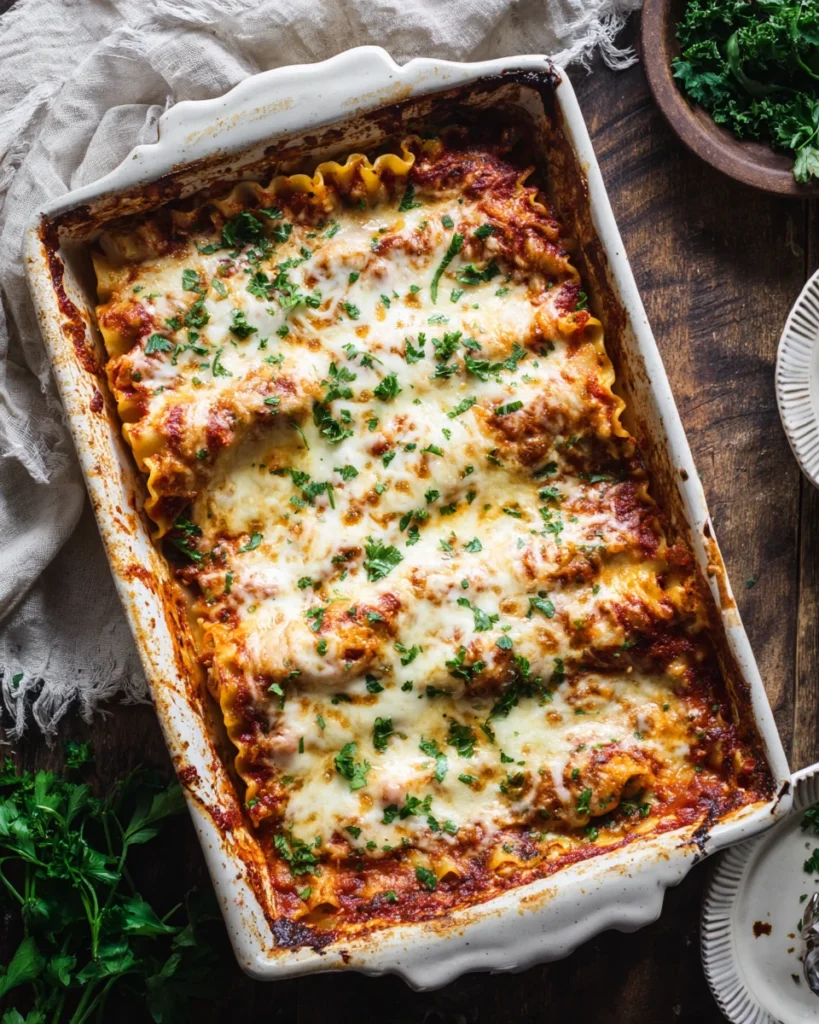 Lasagna roll ups with cottage cheese in casserole dish