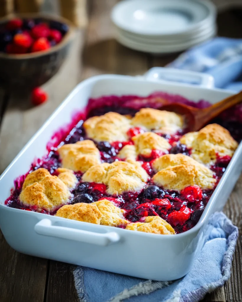 Mixed Berry Cobbler baked dessert in white dish