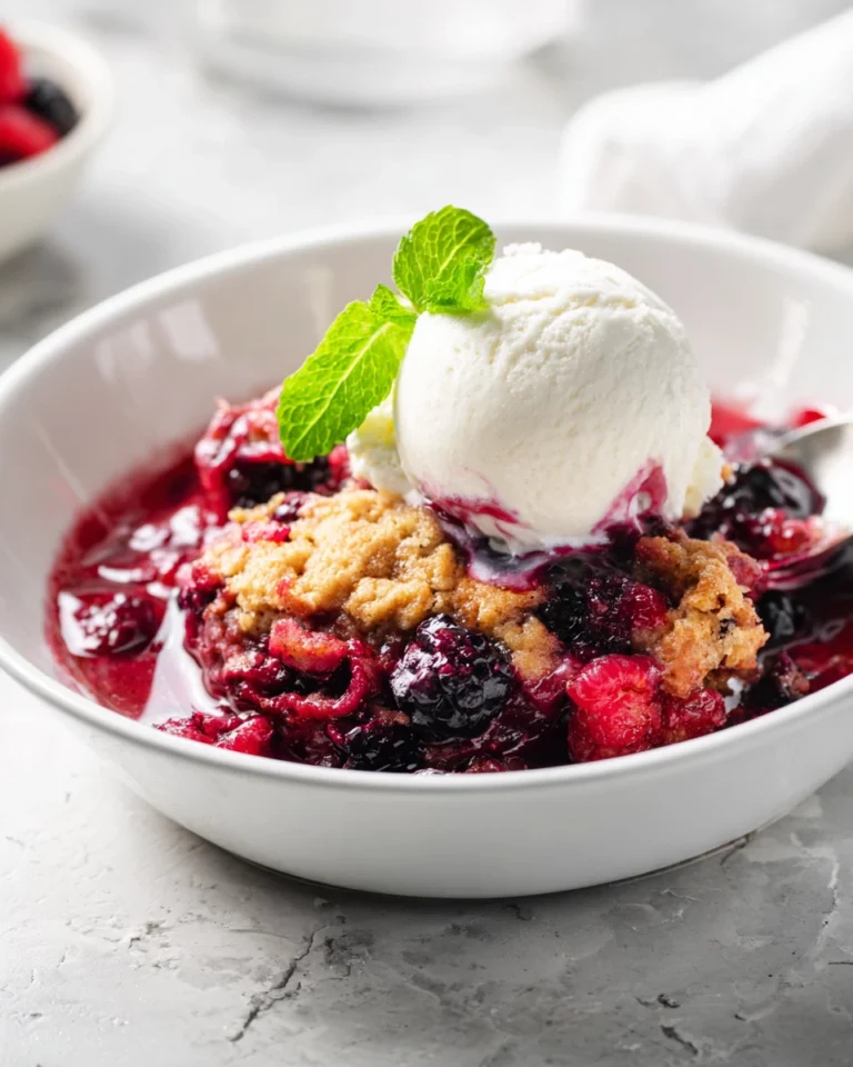 Mixed berry cobbler served with ice cream