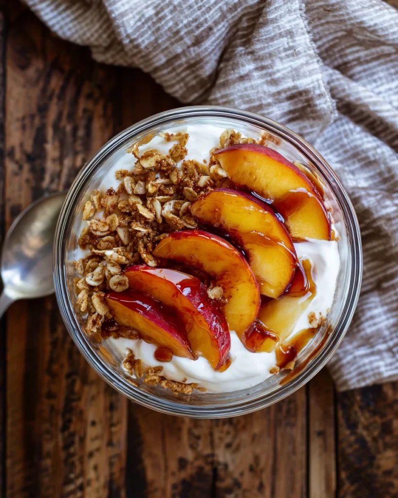 Peach Pie Cottage Cheese Bowls in glass bowl with peaches and granola