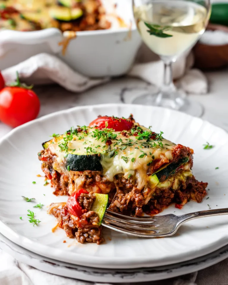 Served slice of cheesy ground beef and zucchini casserole