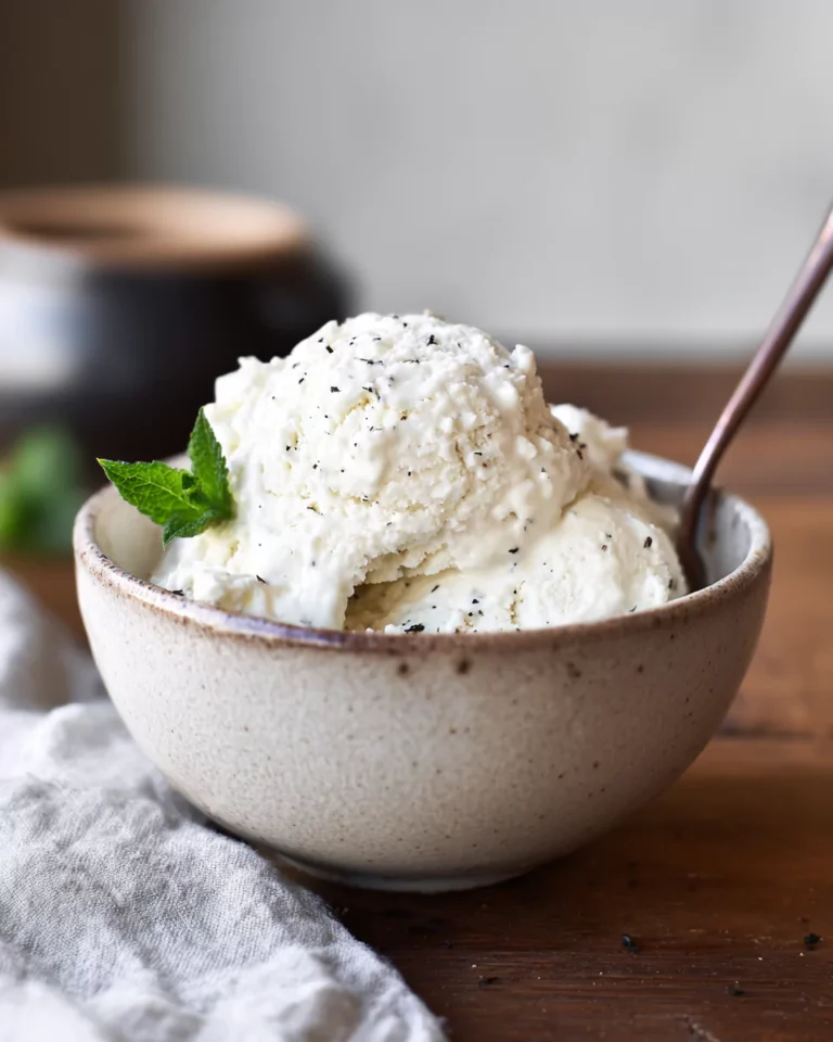 Classic Vanilla Cottage Cheese Ice Cream in a rustic bowl