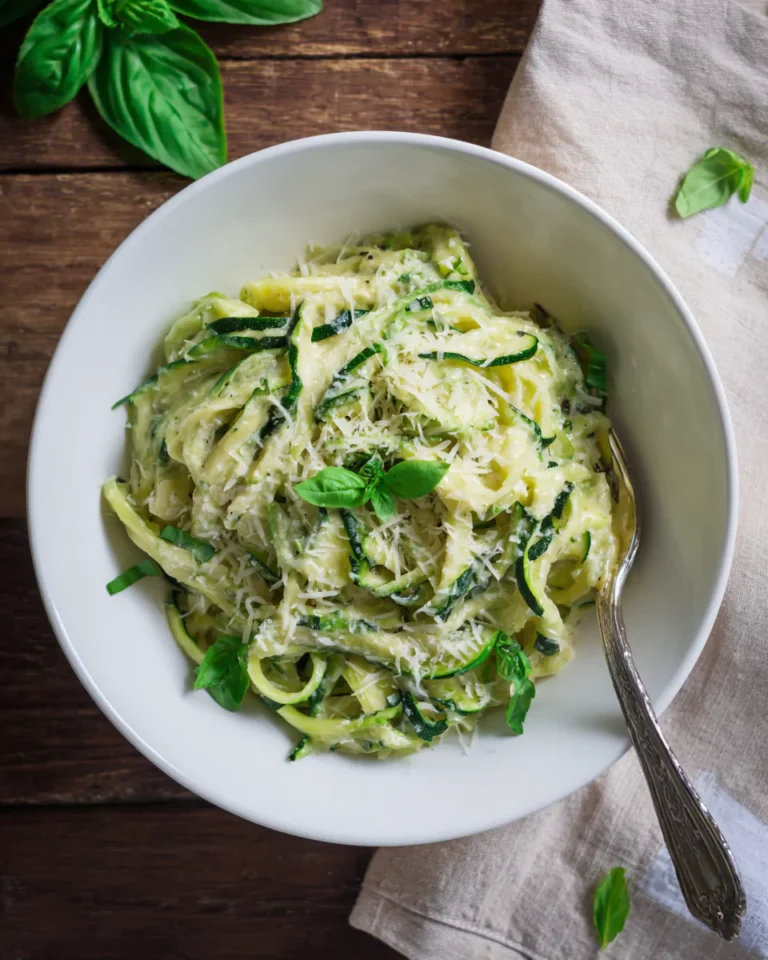 Creamy zucchini pasta ready to serve with basil