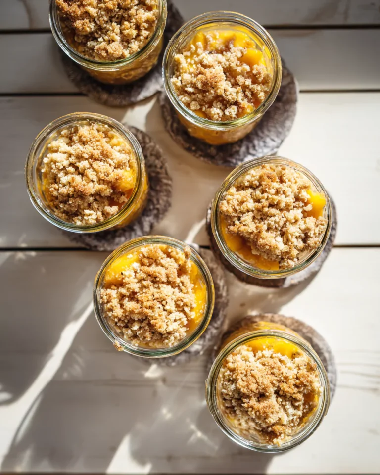 Peach cobbler in jars served with vegan vanilla ice cream