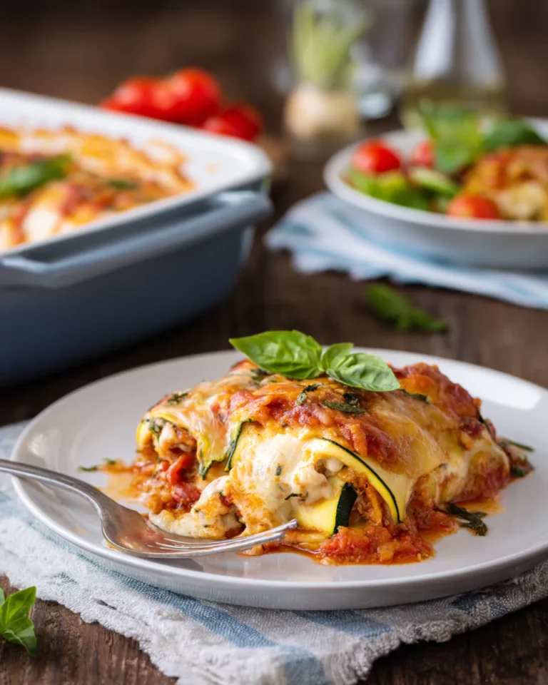 Served zucchini lasagna roll ups with basil garnish