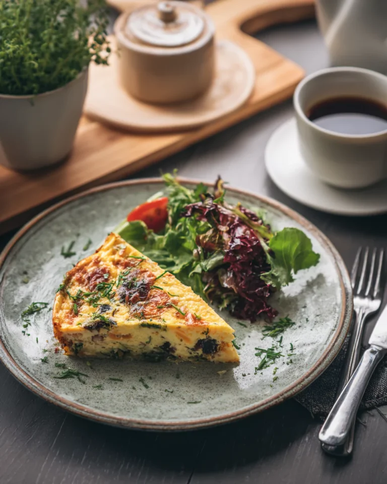 serving slice of frittata with salad