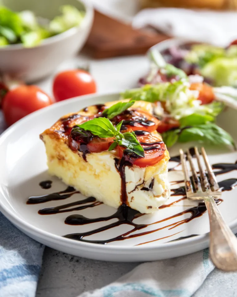 slice of cottage cheese caprese bake served