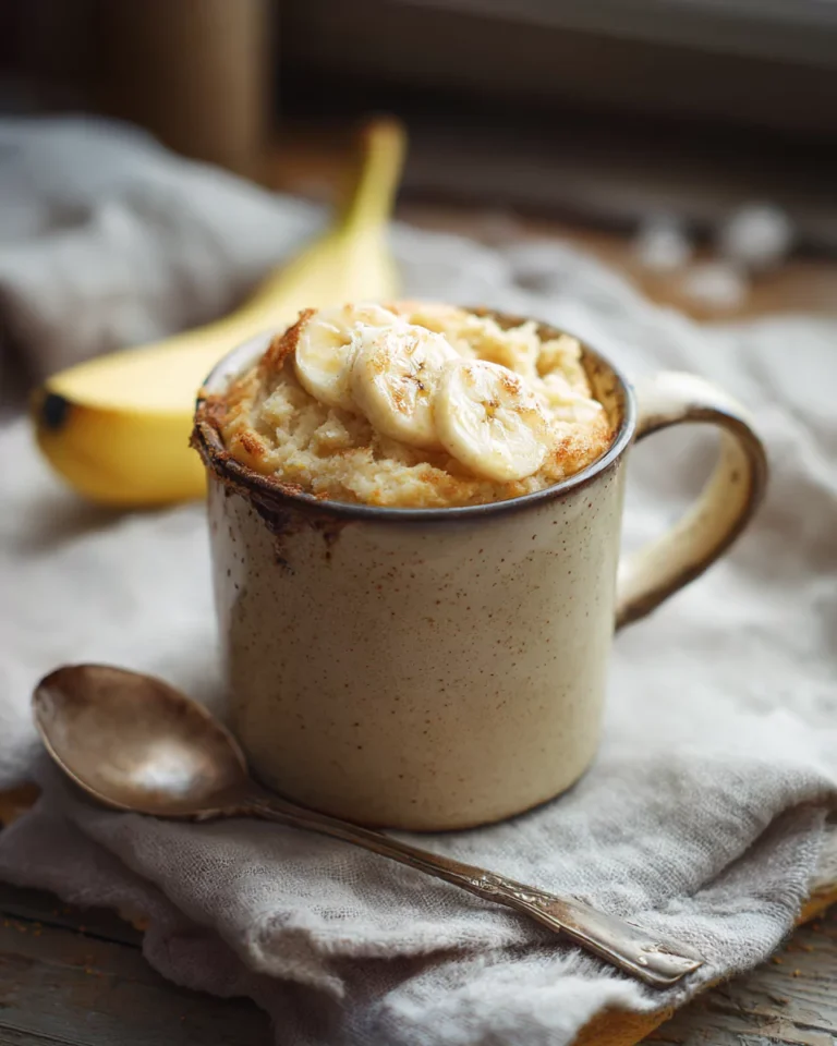 Served banana bread mug cake with toppings