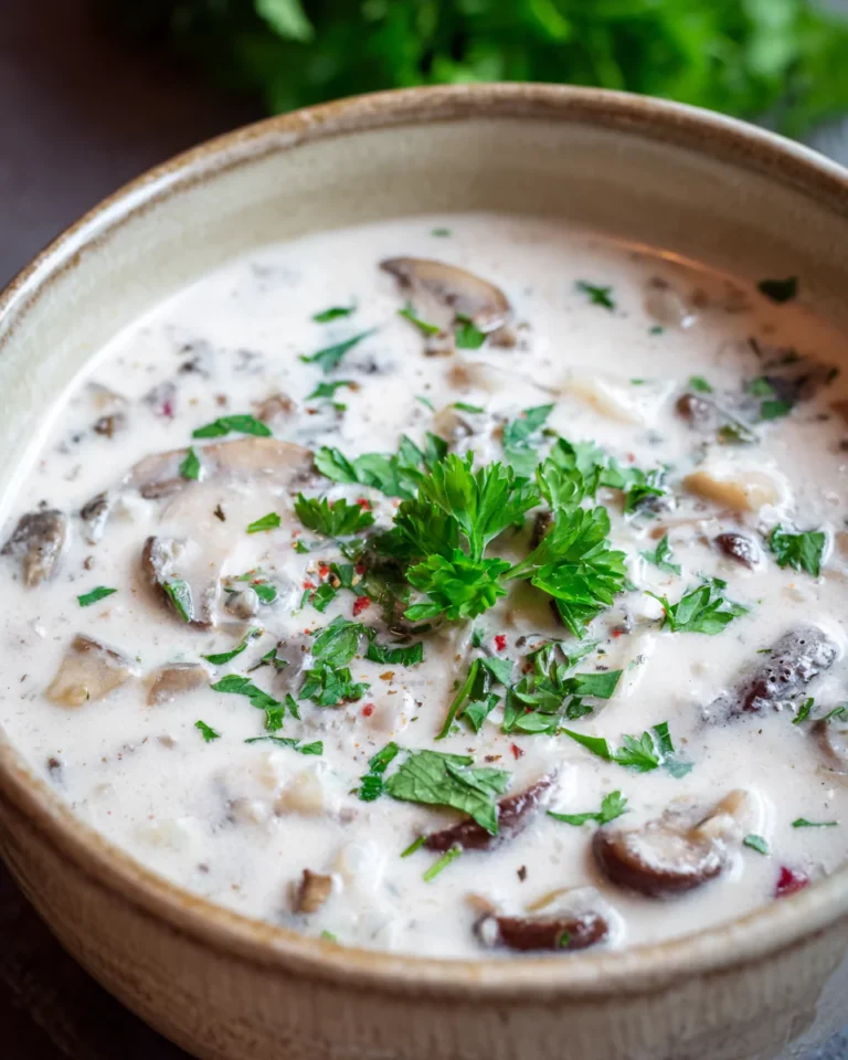 Served Bowl of Cottage Cheese Mushroom Soup