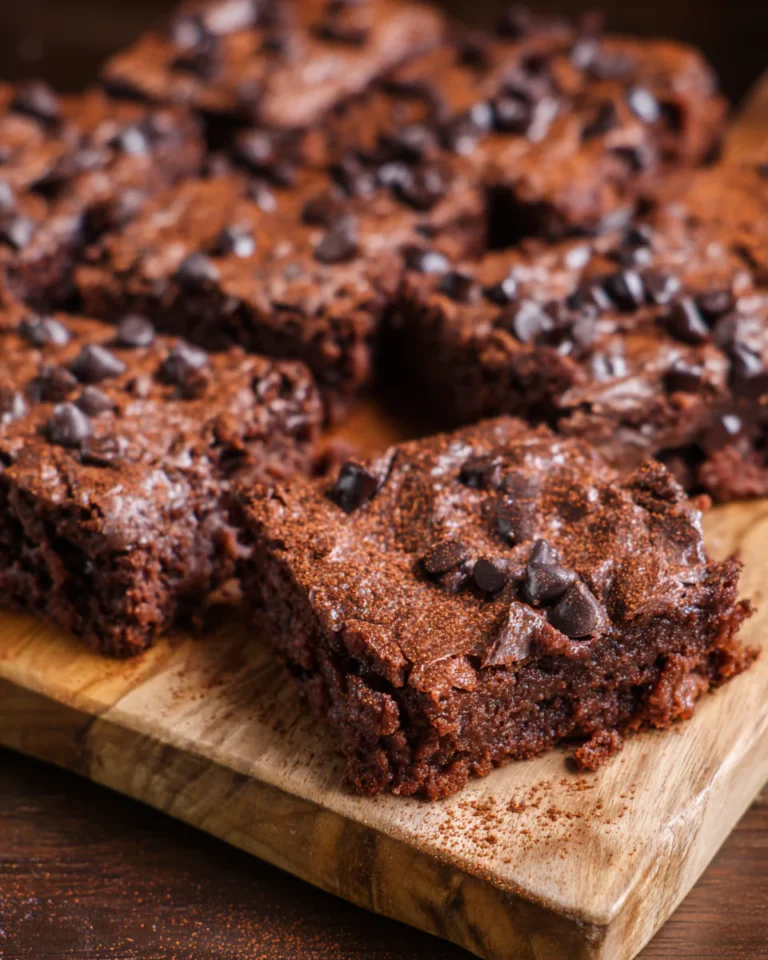 Cottage cheese protein brownies sliced on a rustic board