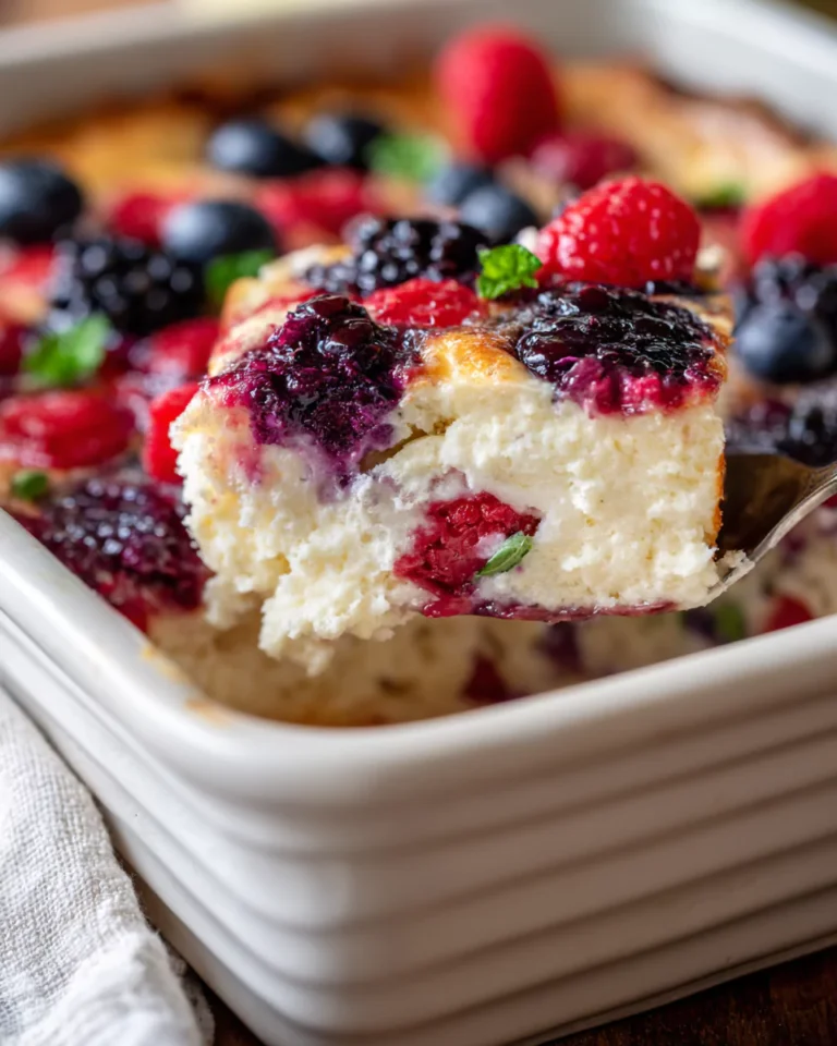 Sliced berry cottage cheese breakfast bake served