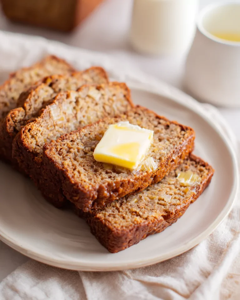 Pineapple banana bread on parchment paper for recipe card
