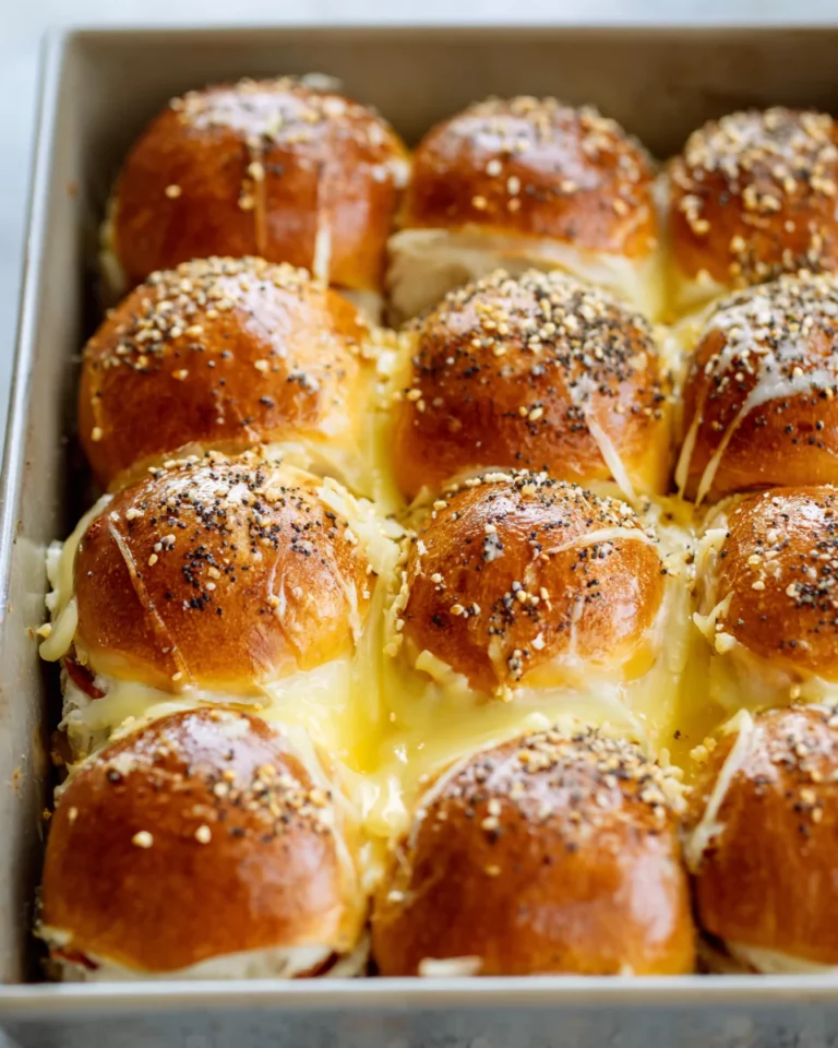 Unbaked ham and cheese sliders ready in a baking dish