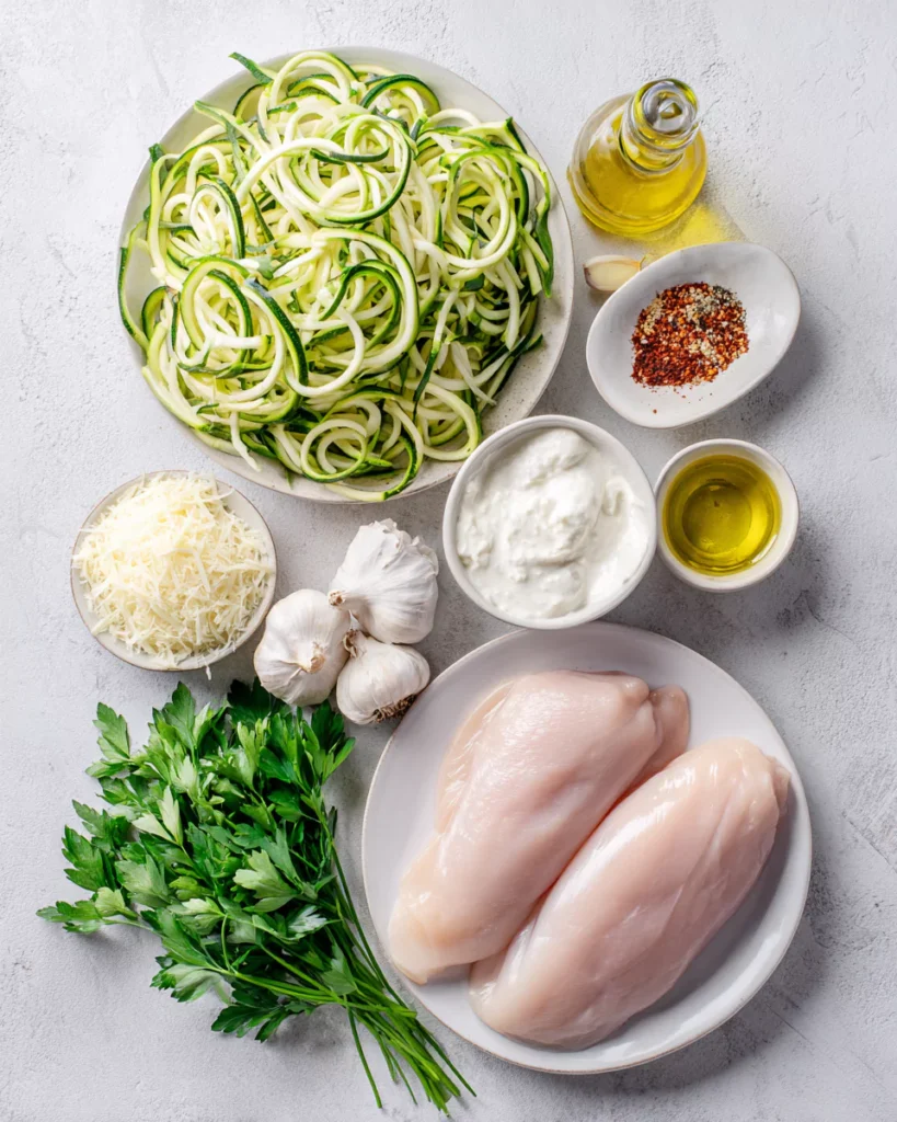 Ingredients for zucchini noodle chicken Alfredo