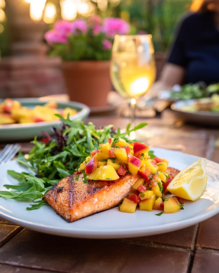 grilled salmon with peach salsa served outdoors