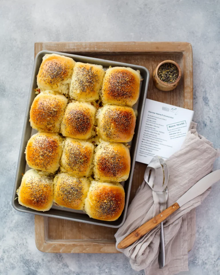 Ham and cheese sliders beside a printed recipe card on a wooden surface