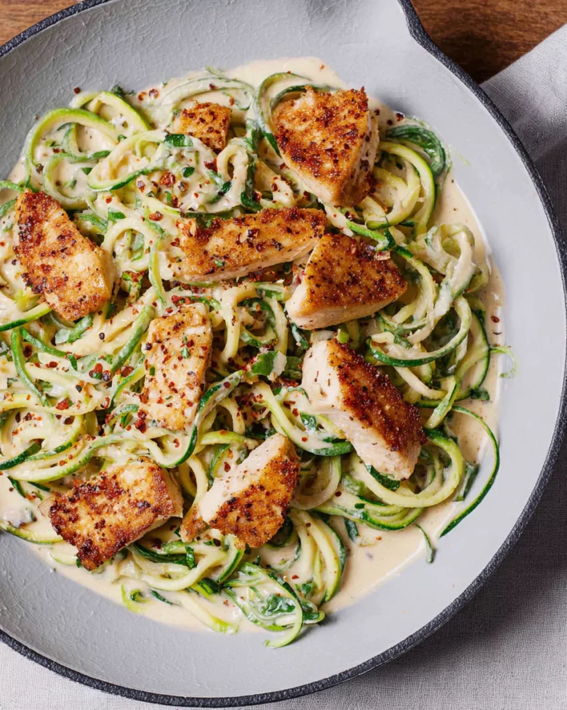 Zucchini noodle chicken Alfredo in skillet with herbs
