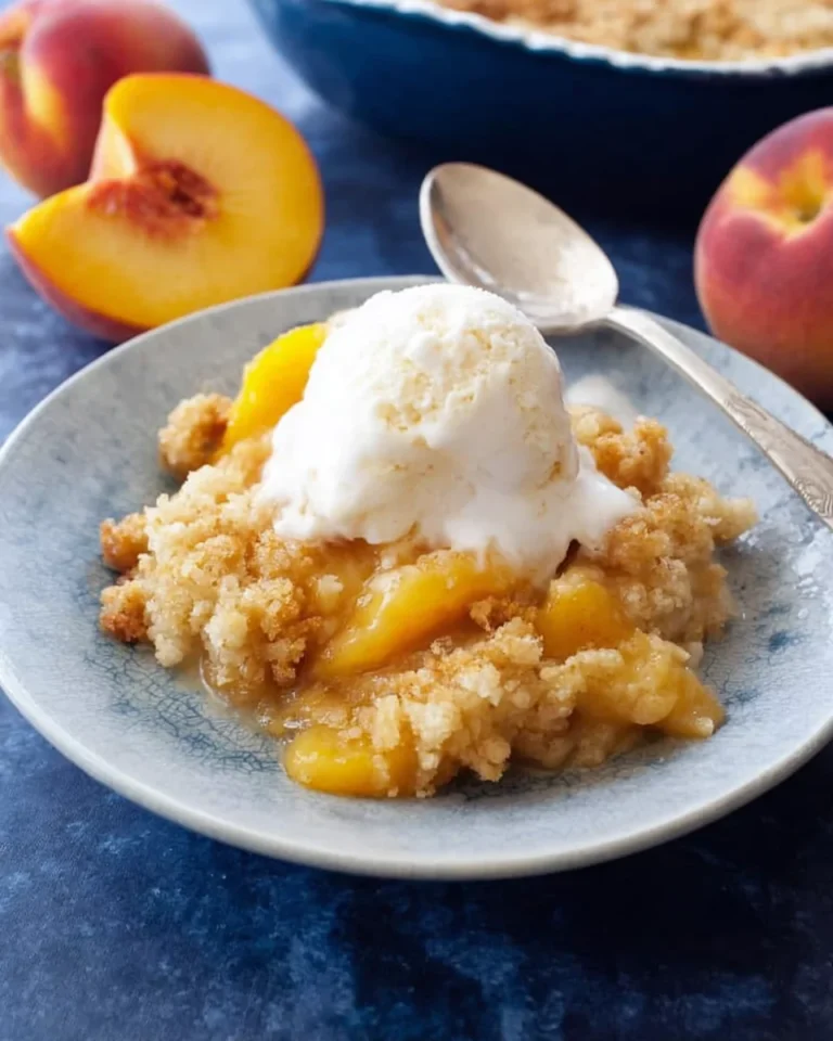 Peach cobbler served with ice cream